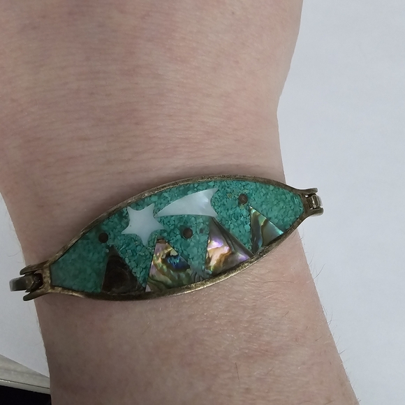 Vintage mountain scene bracelet shooting star silver tone crushed turquoise - Picture 3 of 16